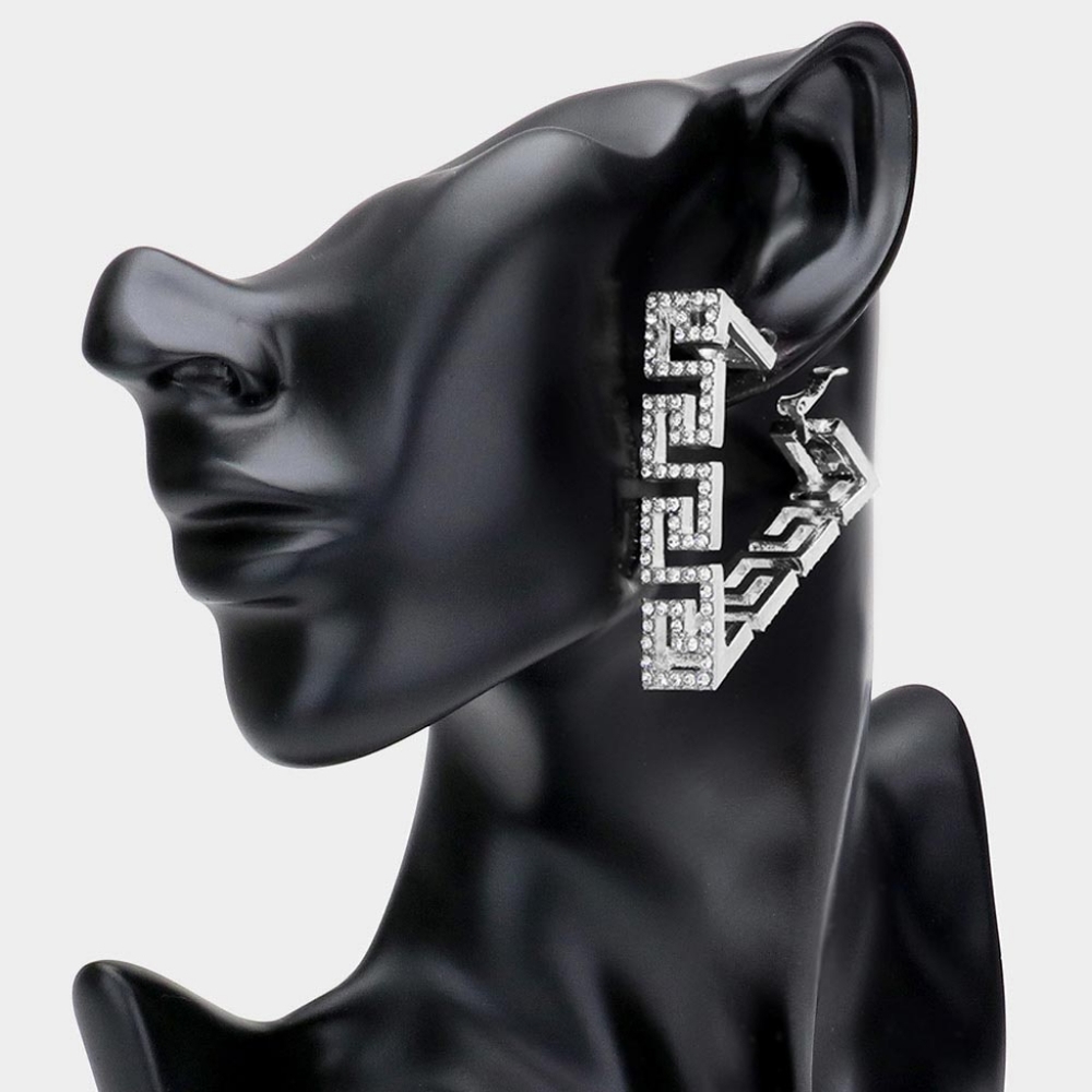 Silver Greek Key Patterned Rhinestone Crystal Triangle Hoop Earrings - Picture 2 of 3